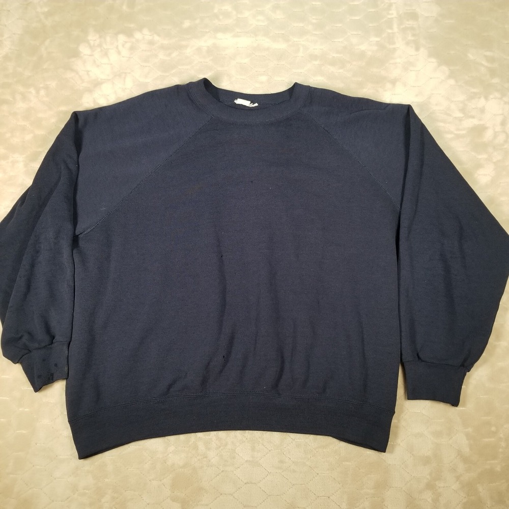 VTG 70s‎ 80s Navy Blue Blank Crewneck Raglan Sweatshirt HOLES FADES Sz XXXL Rare